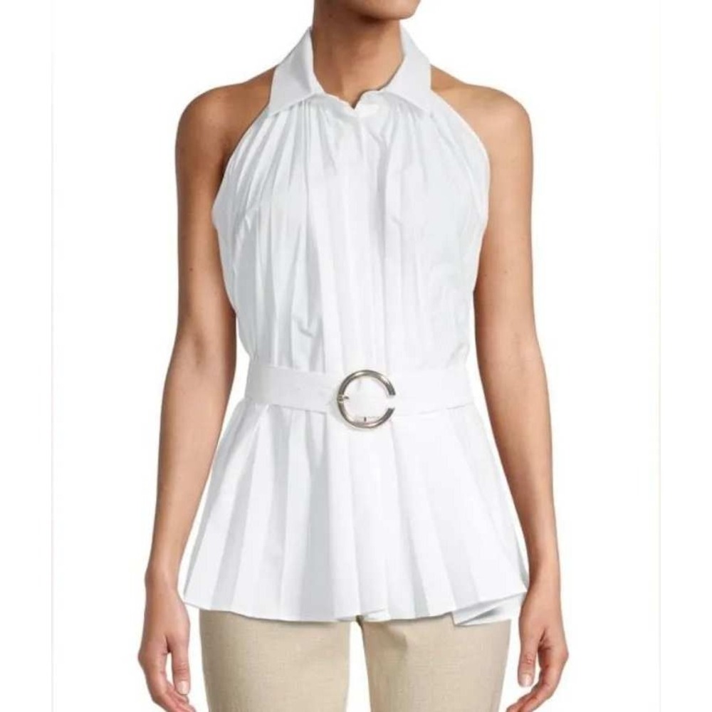 Elie Tahari Halter Top Women M White Pleated Belted ETR21366 Luxe Summer Blouse